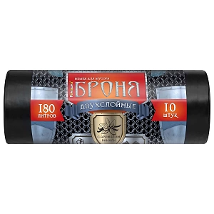 мешки для мусора 180 л, черные, в рулоне 10 шт., пвд 60 мкм, 2-х сл., 90x110 см,"броня"