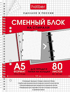 сменный блок для тетрадей на кольцах а5 80л, сб5в1сп 29105 /hatber изображение сменный блок для тетрадей на кольцах а5 80л, сб5в1сп 29105 /hatber