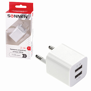 зарядное устройство сетевое (220в) sonnen, 2 порта usb, 2,1а, белое, 454797